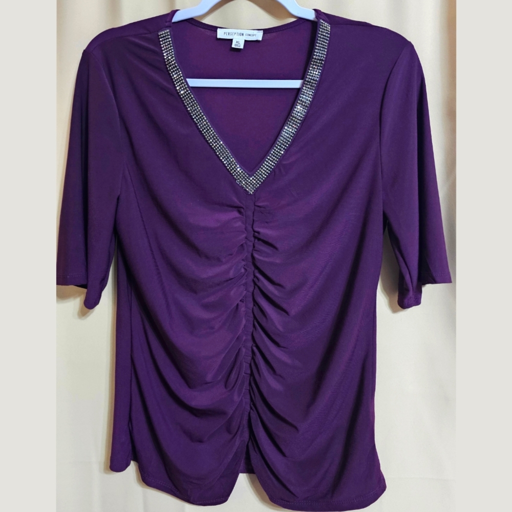 PerSeption Concept Deep Purple Ruched V-Neck Blouse
